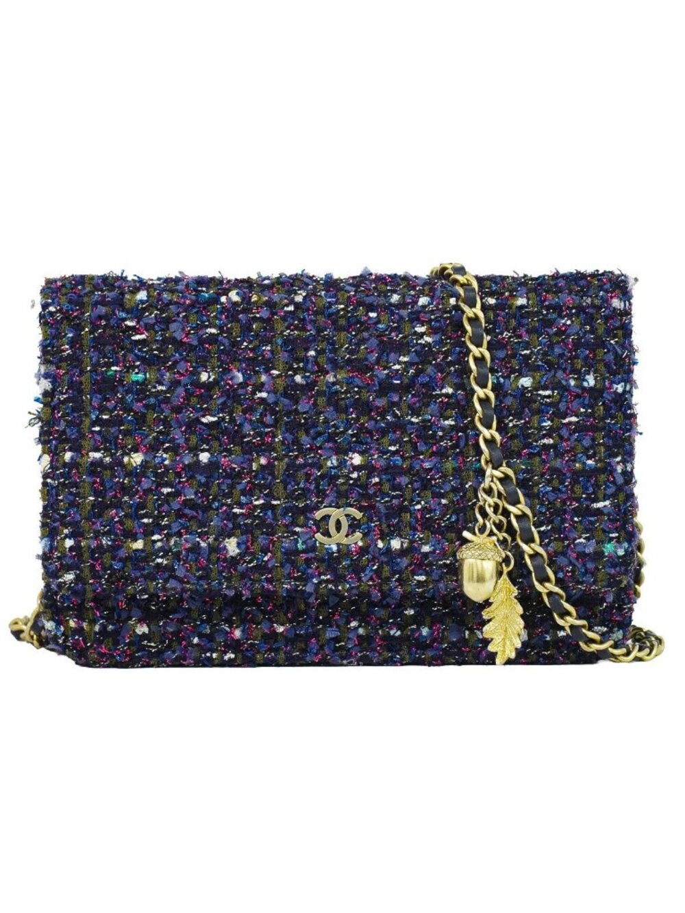 Chanel CC Logo Chain Wallet on Pochette Tweed Navy Multicolor Shoulder Bag